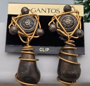 Vintage Gantos Antiqued Bronze-Tone Wire-Wrapped Clip-On Dangle Earrings 3”
